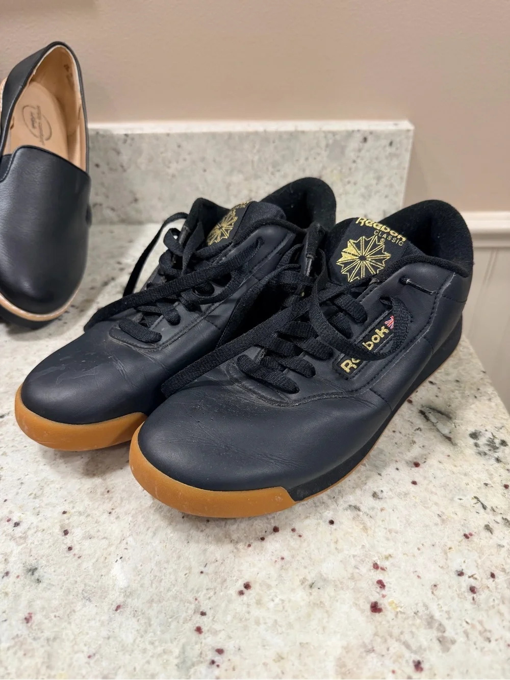Reebok Women's Black Leather Athletic Sneakers with Gum Outsole